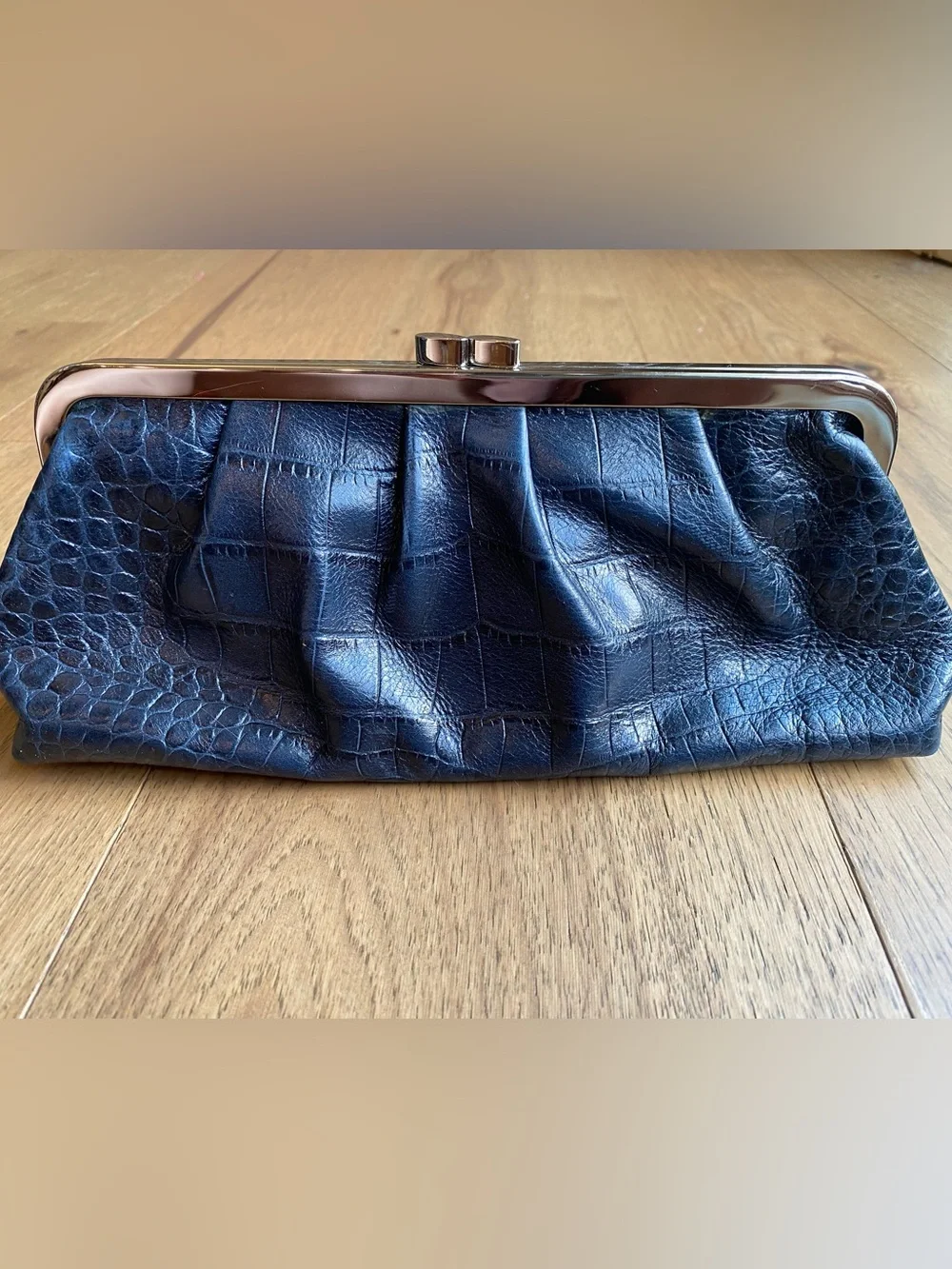 Ann Taylor Navy Croc-Embossed Pleated Evening Clutch